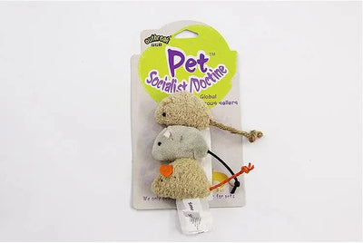 3Pcs Plush Simulation Mouse Toys for Cats on packaging.