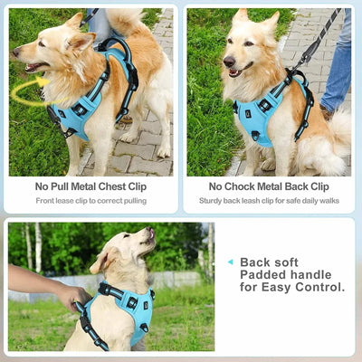 Adjustable no pull dog harness with soft padded pet vest and easy control handle, reflective straps, blue color, ideal for adult dogs.