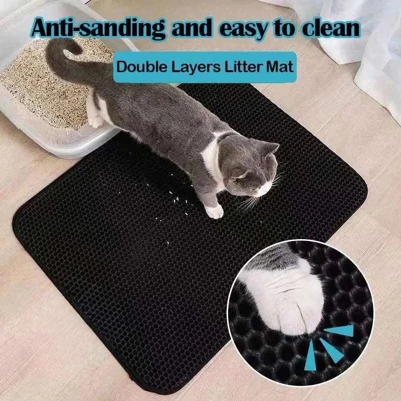 Double-layer cat litter mat, waterproof and non-slip with cat standing on it. dog food mat waterproof