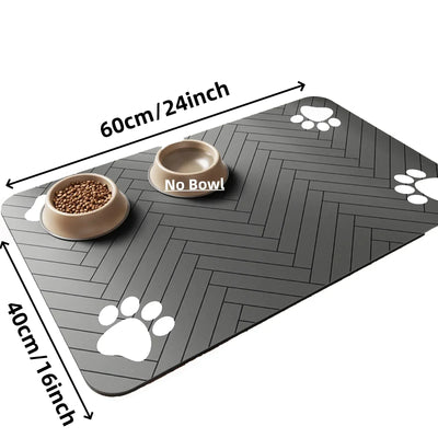 Absorbent dog feeding mat with paw print design, waterproof and quick-dry, measuring 60cm by 40cm.