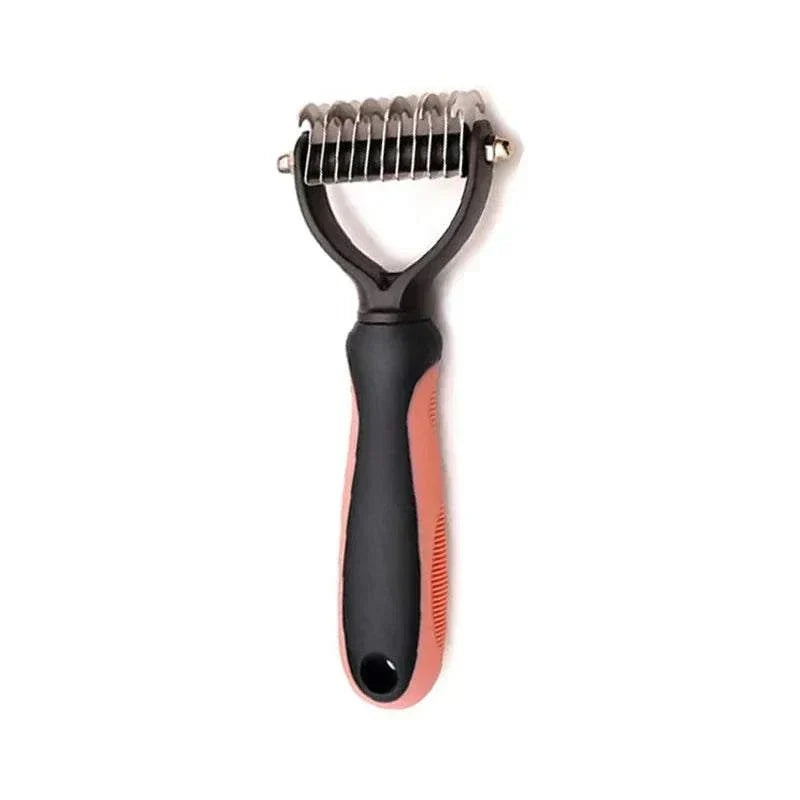 Professional pet deshedding brush with stainless steel blades for dogs and cats.