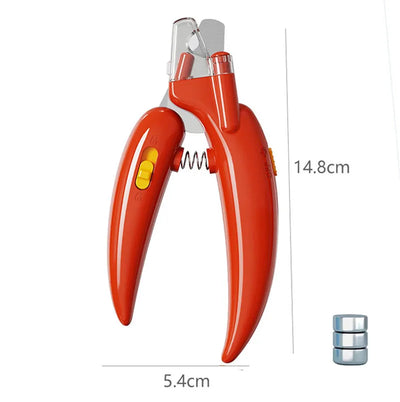 LED pet nail clippers for dogs, cats, and small animals in red with stainless steel blades.