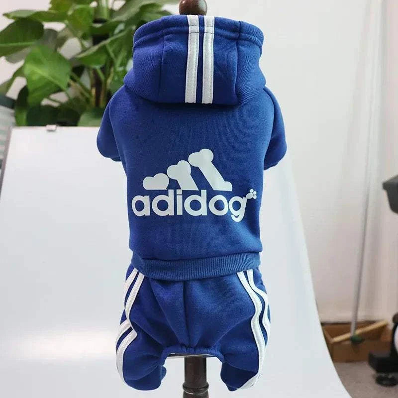 Adidog Fleece Hoodie Jumpsuit for Small Dogs in blue with fashion stripe design.