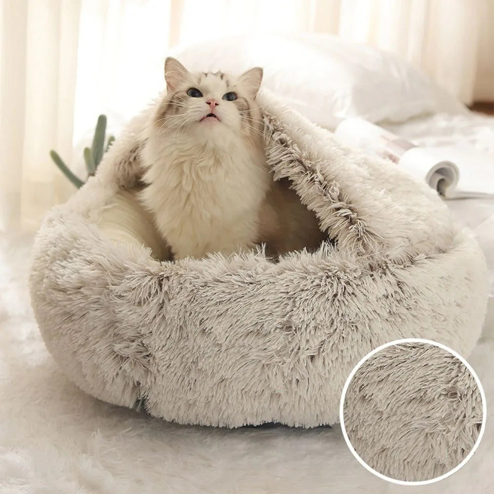 Warm plush round pet bed for cats with fluffy texture, eco-friendly design. Warm Pet Bed