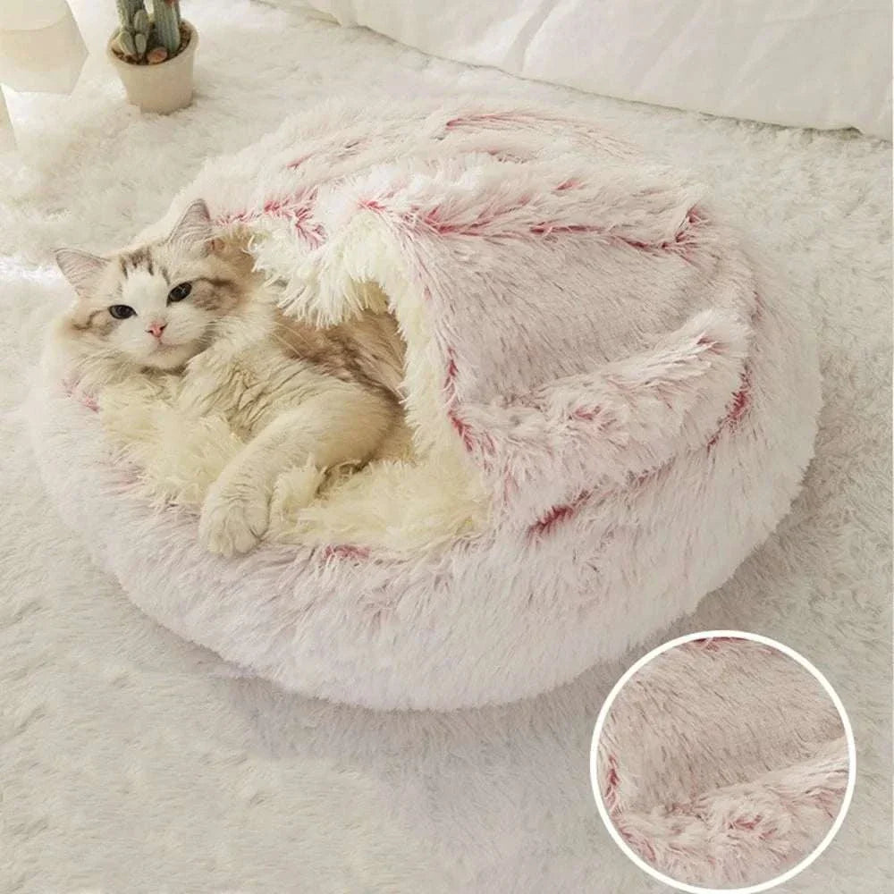 Warm plush round pet bed for cats and small pets, eco-friendly design. Warm Pet Bed