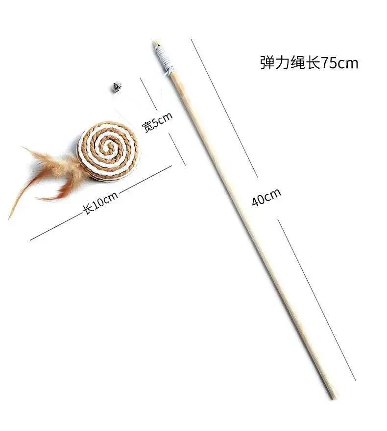 Colorful feather cat wand toy with wooden rod from Zhejiang, China.