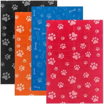 120 rolls dog poop bags in red, blue, orange, and black with paw print design.