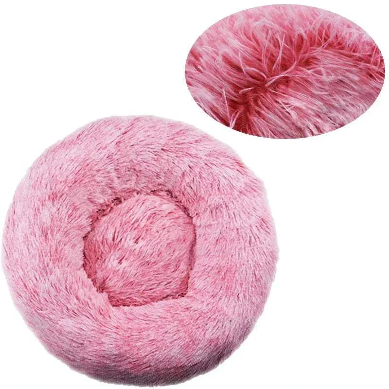 Pink 40-90cm plush round pet bed for cats and dogs made from corduroy, eco-friendly.  round dog bed