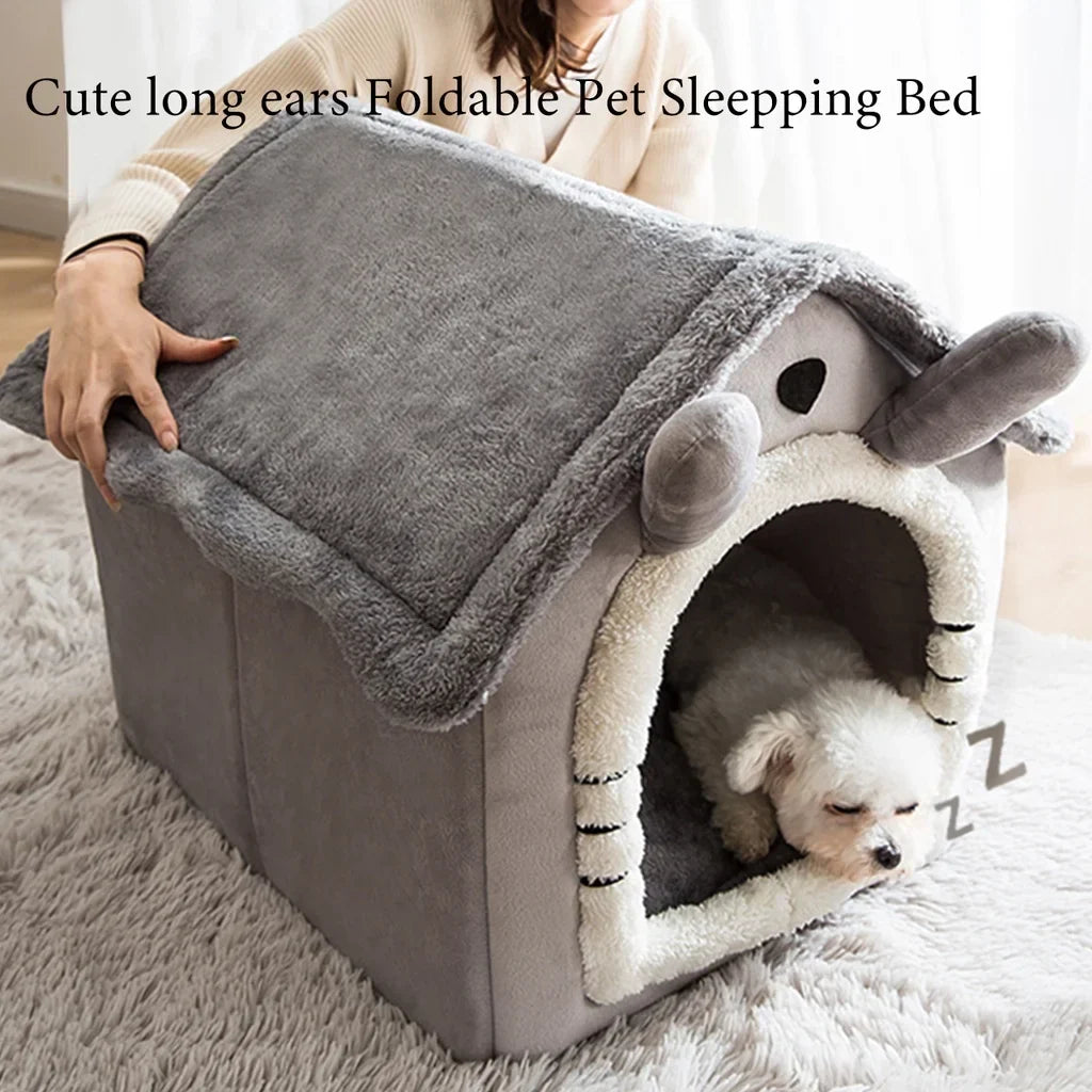 Foldable washable pet bed for cats and dogs, gray corduroy material, breathable design.