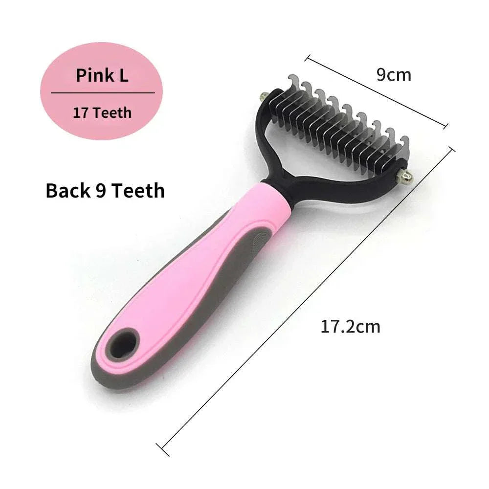 Professional pet deshedding brush with fur remover and knot cutter, pink handle, stainless steel teeth.