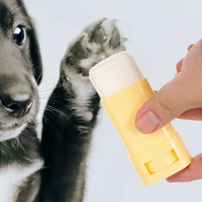 Pet paw balm being applied to a dog's paw, winter moisturizer for dogs and cats. Moisturizer Paw Balm for Pet Care