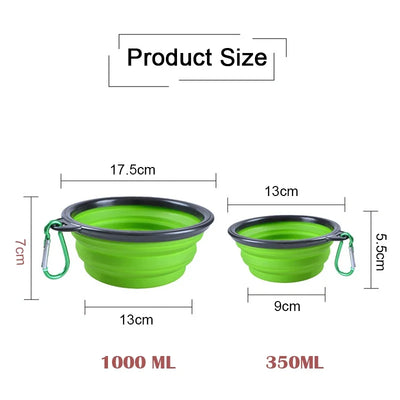 Folding portable silicone dog feeder bowls with carabiners in green, sizes 1000ml and 350ml.