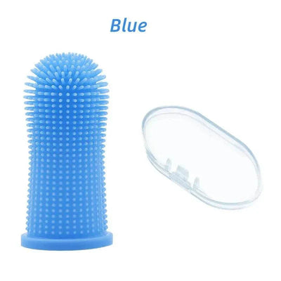 2pcs Pet Dog Tooth Cleaner Kit with blue silicone fingertip brush and transparent case.