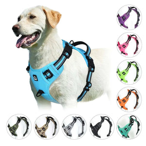 Adjustable no pull dog harness with reflective and breakaway features, available in multiple colors. soft padded dog harness