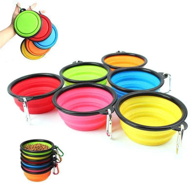 Folding portable silicone dog feeder bowls in various colors with carabiners for food and water.  dog silicone feeder