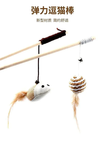 Colorful feather cat wand toy with wooden rod for playful cats.