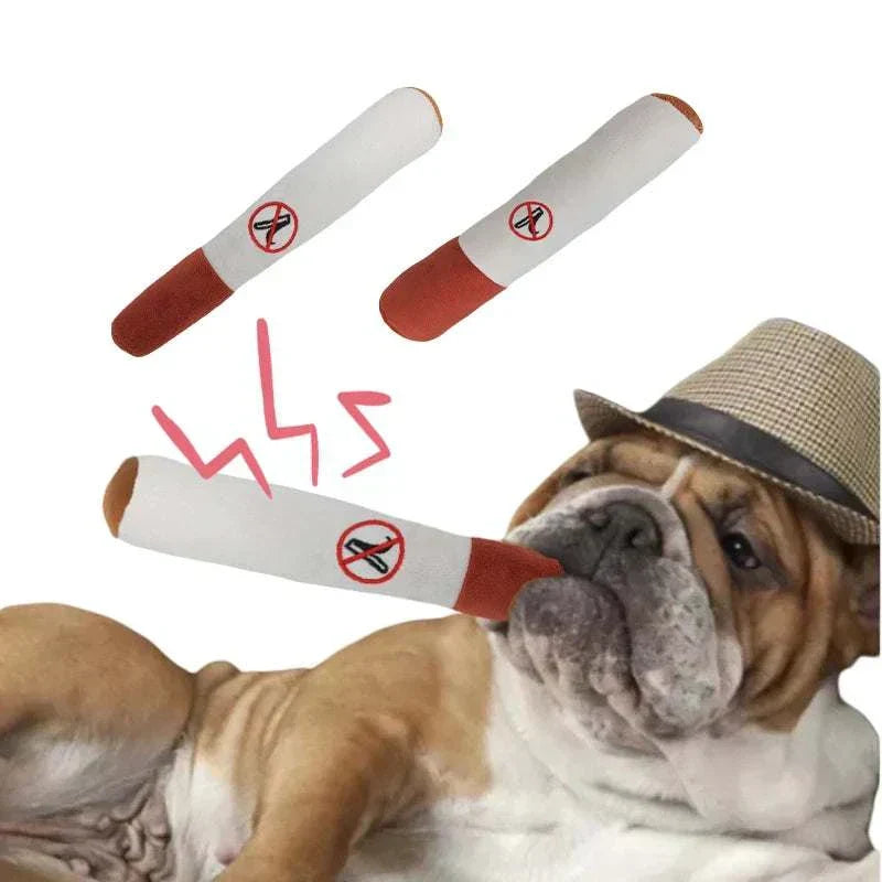 Durable plush squeaky dog toy shaped like a cigar, suitable for small dogs.