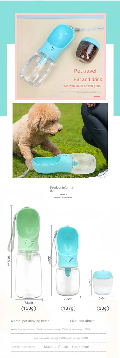 Portable pet water bottle and food container for dogs and cats, ideal for outdoor travel.