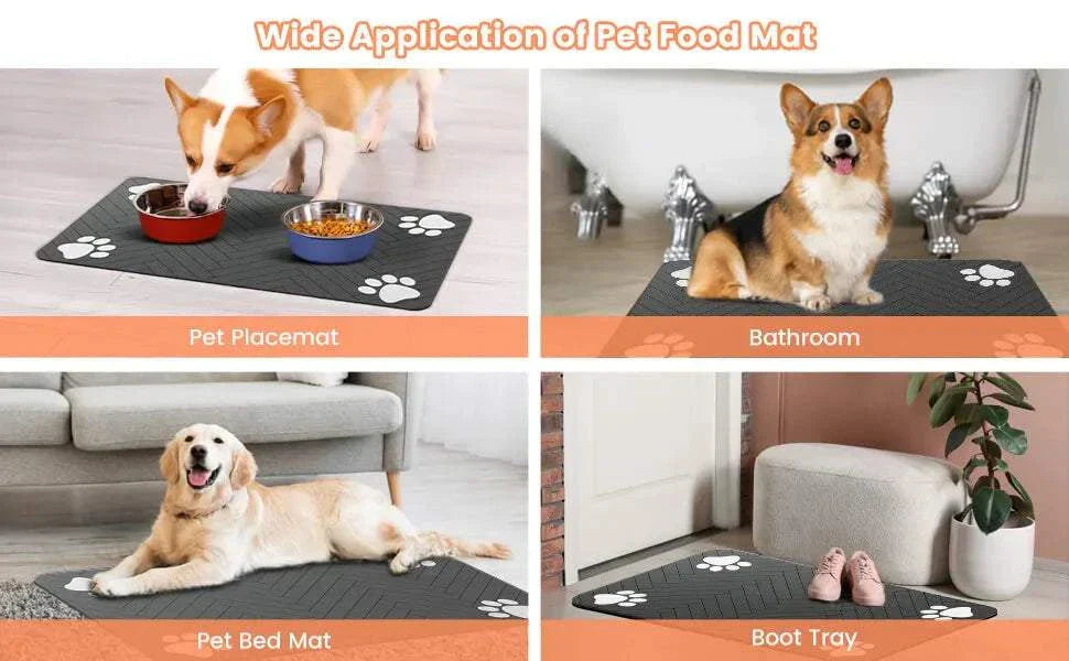 Absorbent dog feeding mat with paw prints, ideal for food bowls, bathroom, pet bed, and boot tray use.