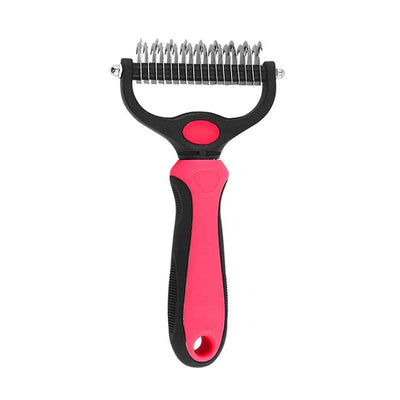 Professional pet deshedding brush with stainless steel blades for dogs and cats, pink handle.