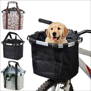 Bicycle front basket for small pets, detachable and foldable, polyester material, 5KG load capacity.
