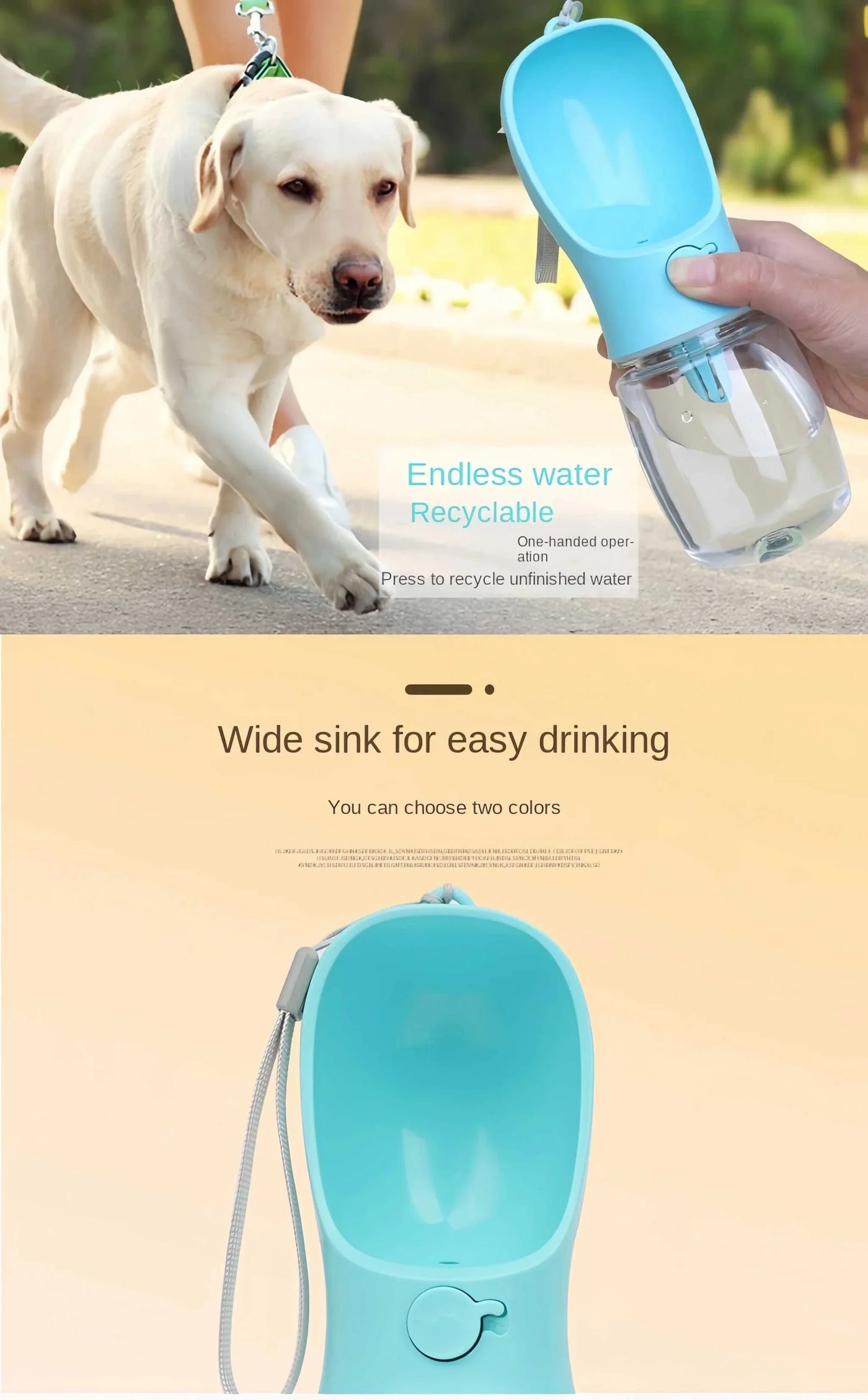 Portable pet water bottle and food container for dogs, ideal for outdoor travel.