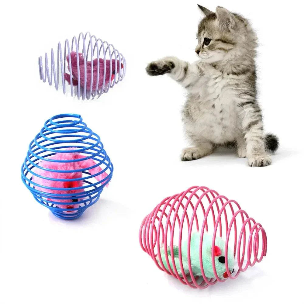 Interactive cat toy balls with stretchable springs, colorful designs, and playful kitten.