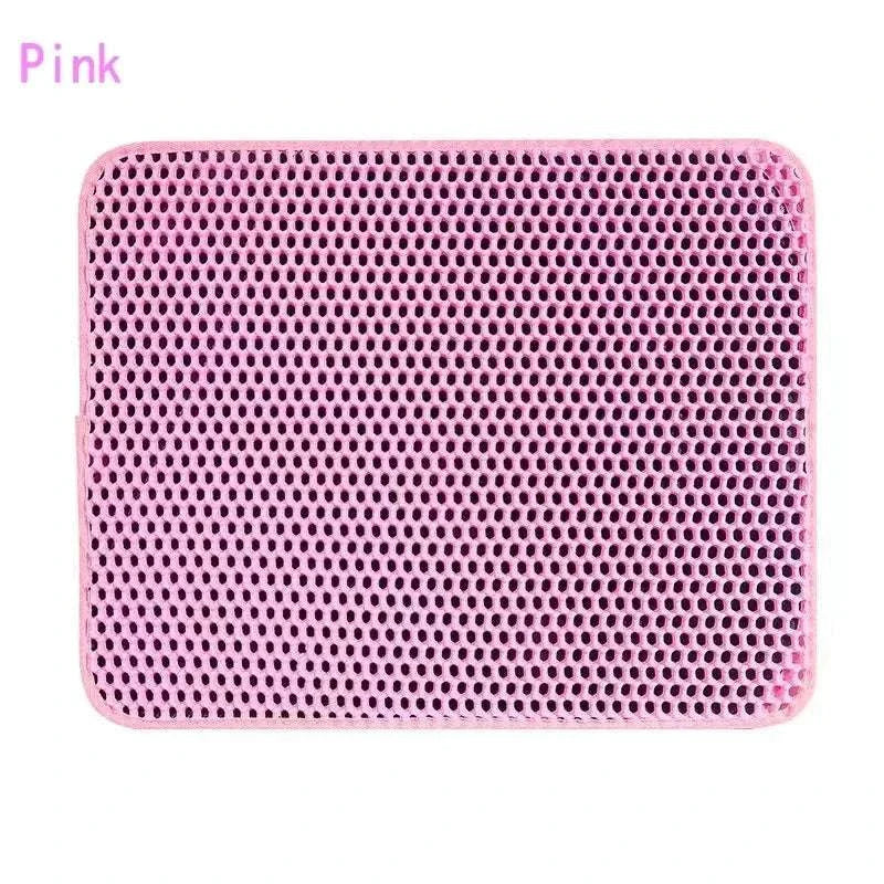 Pink double-layer cat litter mat, waterproof, non-slip, washable, foldable design.