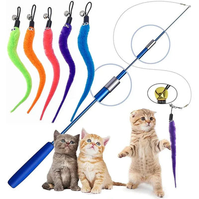 Plush cat toy replacement heads with worm accessories for cat sticks, featuring vibrant colors and interactive feather wand for cats.