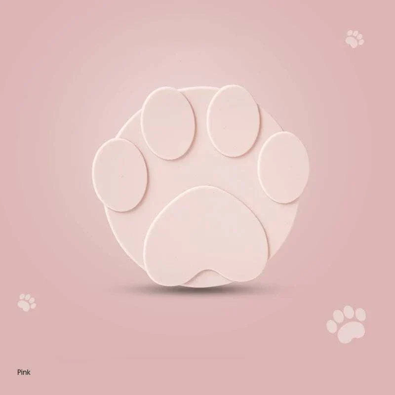 Portable silicone pet food lid shaped like a paw, in pink color. Pet Food Lid and Spoon