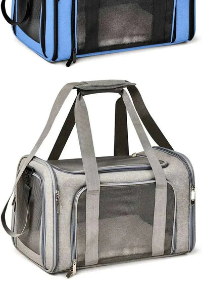 Airline approved dog cat carrier bag, breathable nylon, for small pets travel.