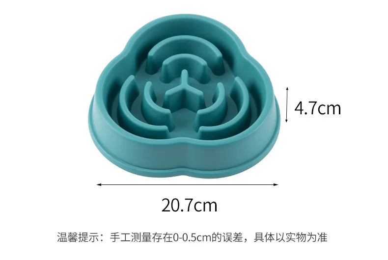 Anti-choking slow feeder bowl with non-slip design for cats and dogs, plastic material, teal color.