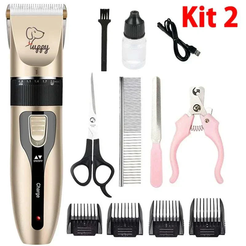 Rechargeable electric pet clipper grooming kit for dogs and cats with accessories.