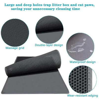 Double-layer cat litter mat with waterproof and non-slip features, showcasing massage grid and wear-resistant edging. dog food mat waterproof