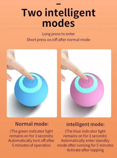 Rechargeable smart rolling ball toy for pets with two intelligent modes, normal and intelligent, featuring indicator lights.