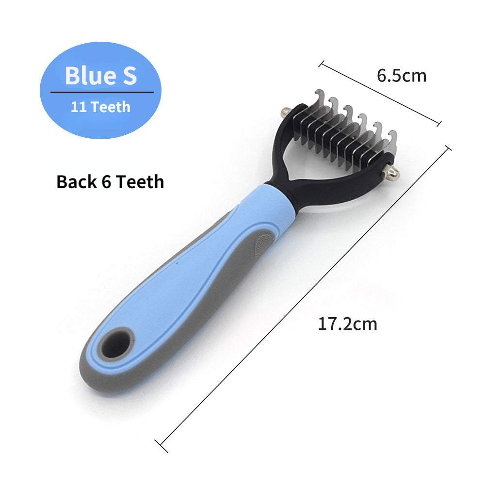 Professional pet deshedding brush with fur remover and knot cutter in stainless steel.