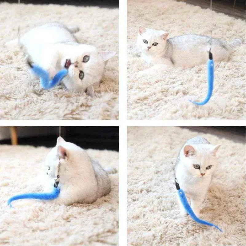 Plush cat toy replacement heads as worm accessories for cat sticks with a playful white cat.