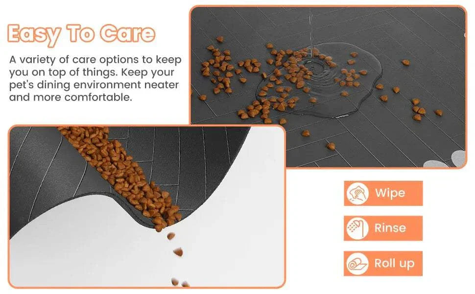 Absorbent dog feeding mat with spilled kibble and water, showcasing easy care options.