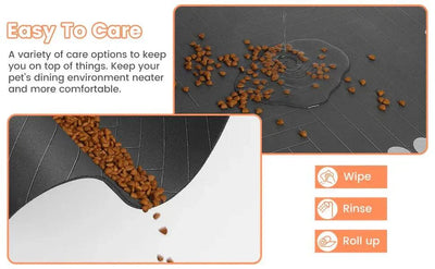 Absorbent dog feeding mat with spilled kibble and water, showcasing easy care options.