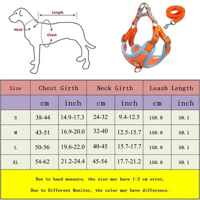 Size chart and orange no-pull dog harness and leash set with adjustable reflective vest for small dogs and cats. no-pull dogs harness & leash