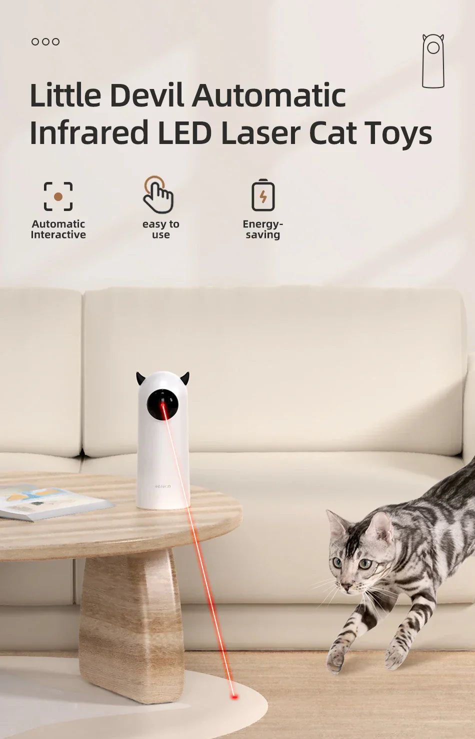 ROJECO Automatic LED Laser Toy for Cats & Dogs in living room setting with playful cat. cat laser pointer