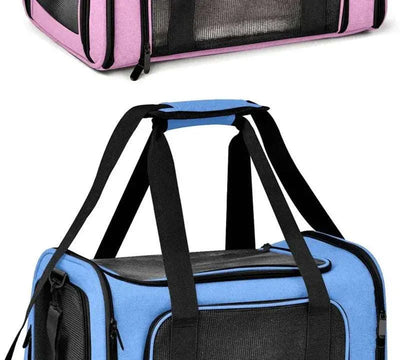 Airline-approved dog and cat carrier bags in pink and blue, featuring breathable material and solid pattern, ideal for small pets.