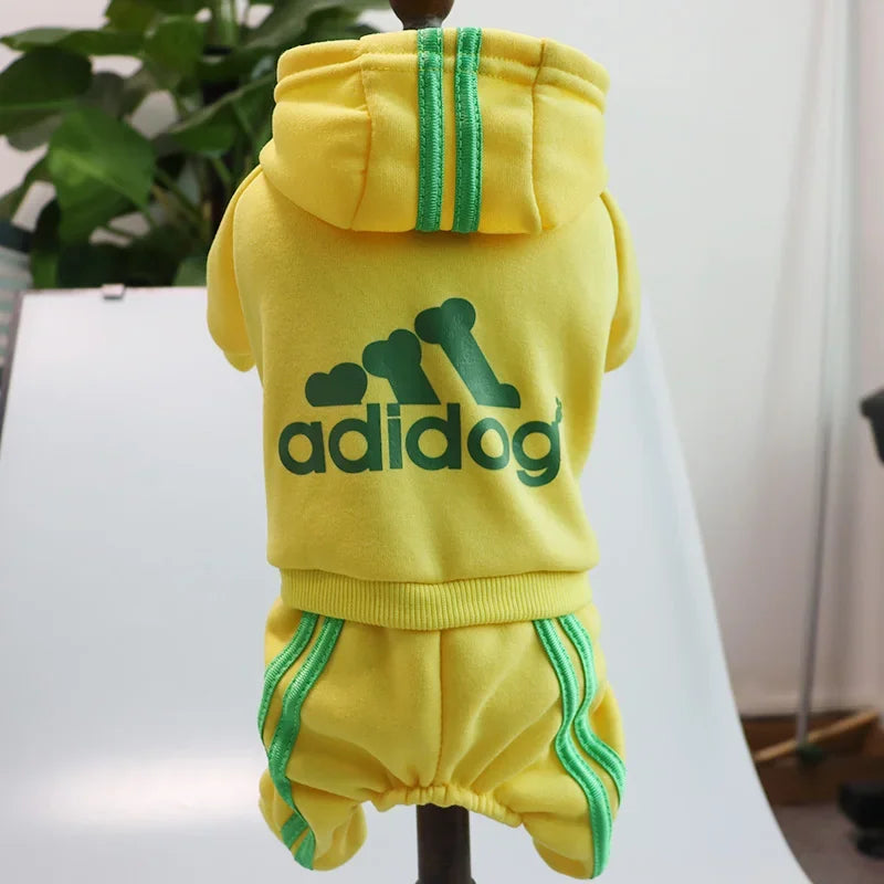 Yellow Adidog fleece hoodie jumpsuit for small dogs, polyester material, autumn/winter fashion. Dog Hoodies