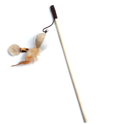 Colorful cat wand toy with feather and wooden rod for pet play.