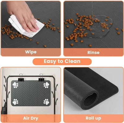 Absorbent waterproof dog feeding mat, quick-dry placemat for food and water bowls, easy to clean and roll up.