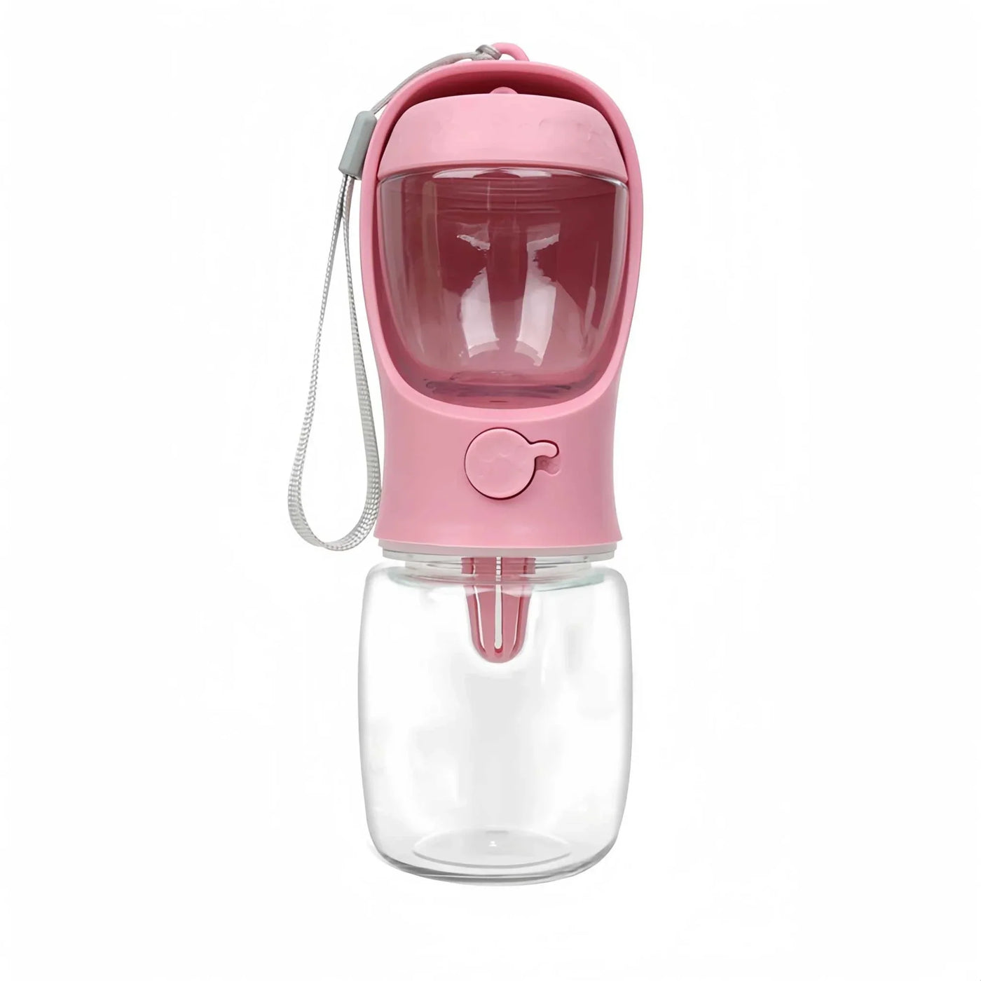 Portable pet water bottle, food and water container, pink, for dogs and cats, outdoor travel feeder.