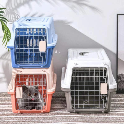 Breathable pet outdoor carrier cages in assorted colors, ideal for cats and small animals.