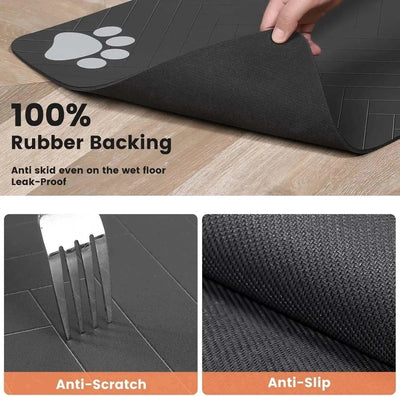 Absorbent pet feeding dog with 100% rubber backing, waterproof, quick-dry, anti-scratch, and anti-slip features.