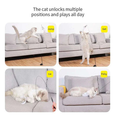 Interactive cat toy with suction cup feather wand for active play.