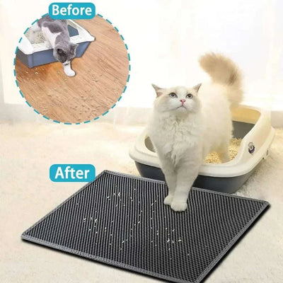 Double-layer cat litter mat with waterproof and non-slip features, shown in use near a litter box. 